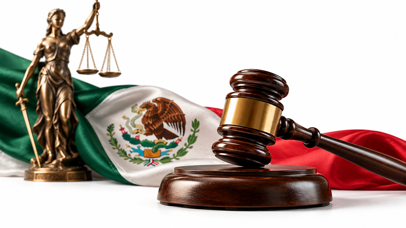 Balanza de la justicia y mazo judicial frente a la bandera de México